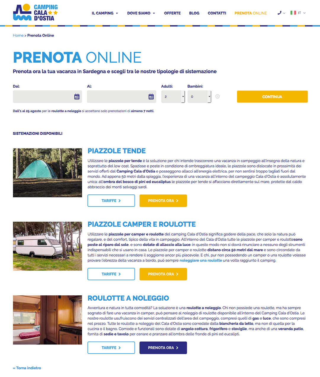 Prenotazione Online Camping Cala d'Ostia
