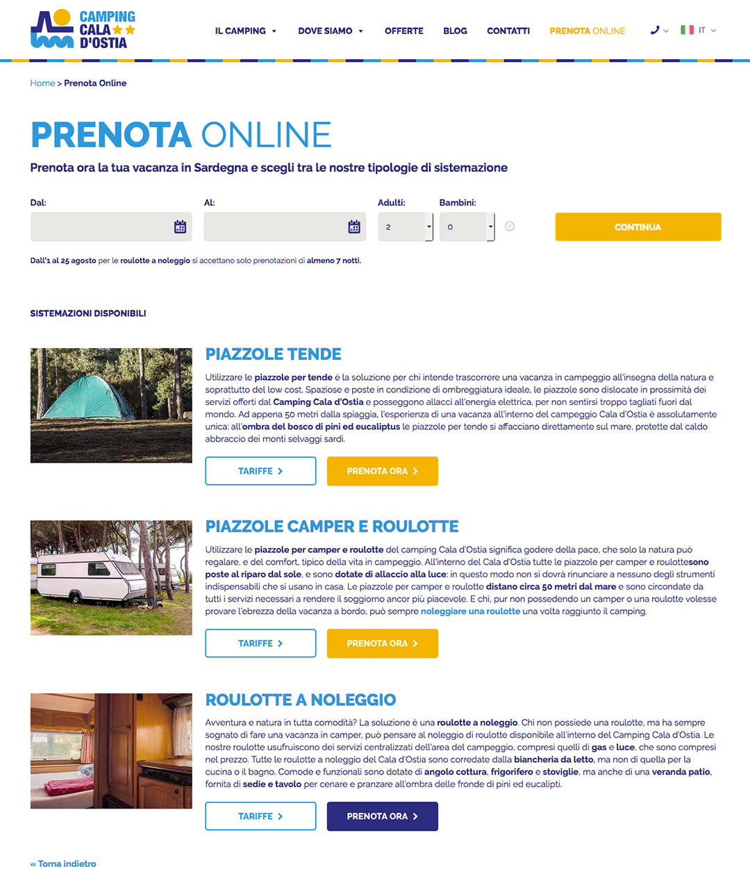 Booking engine Camping Cala d'Ostia